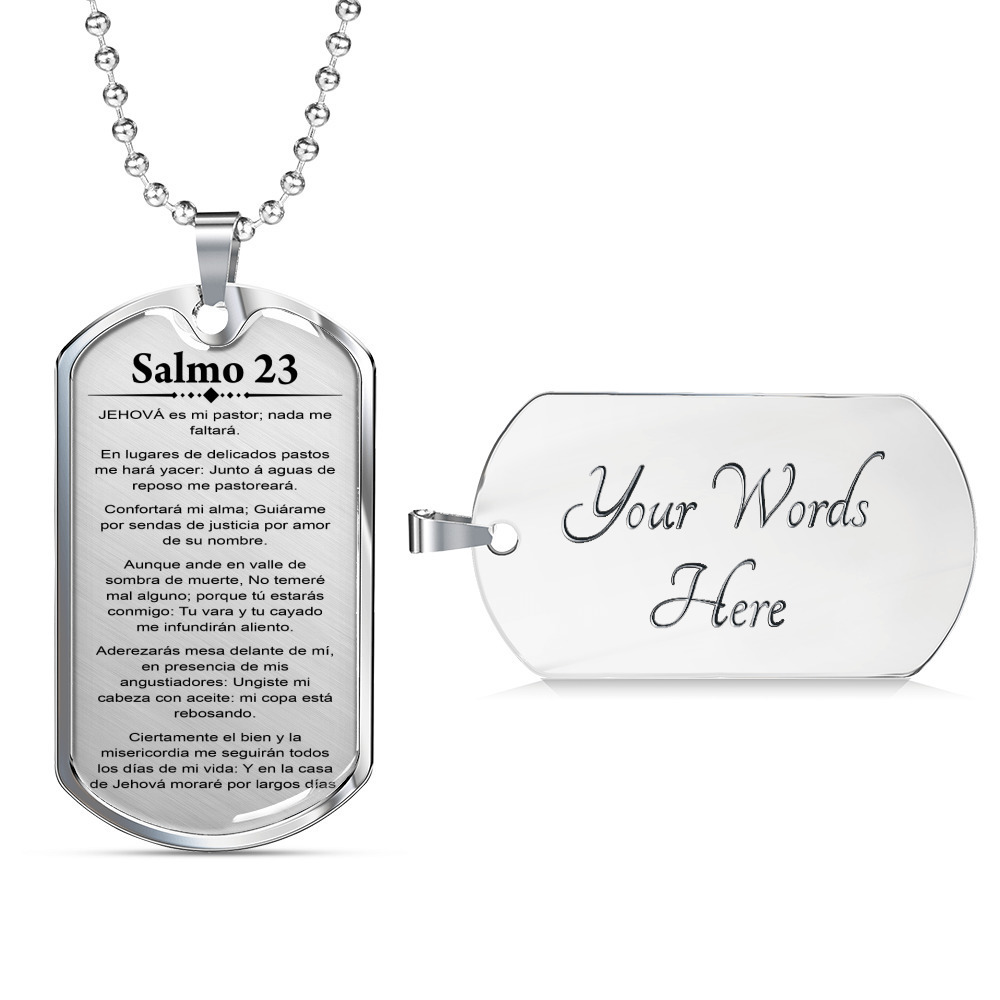 Salmo 23 Clear‎ Spanish Necklace Stainless Steel or 18k Gold Dog Tag 24